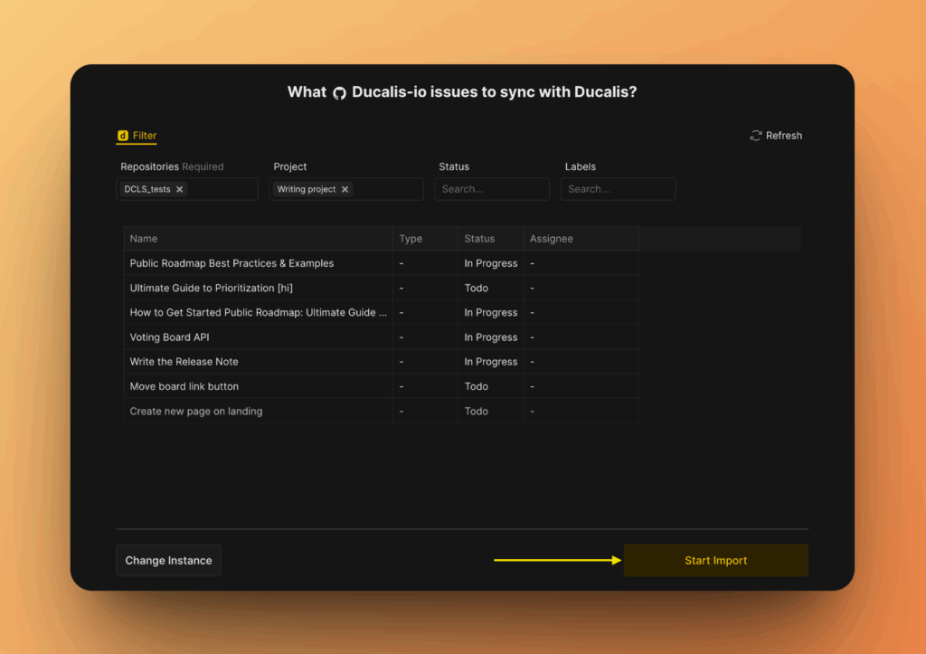 Start import ボタン