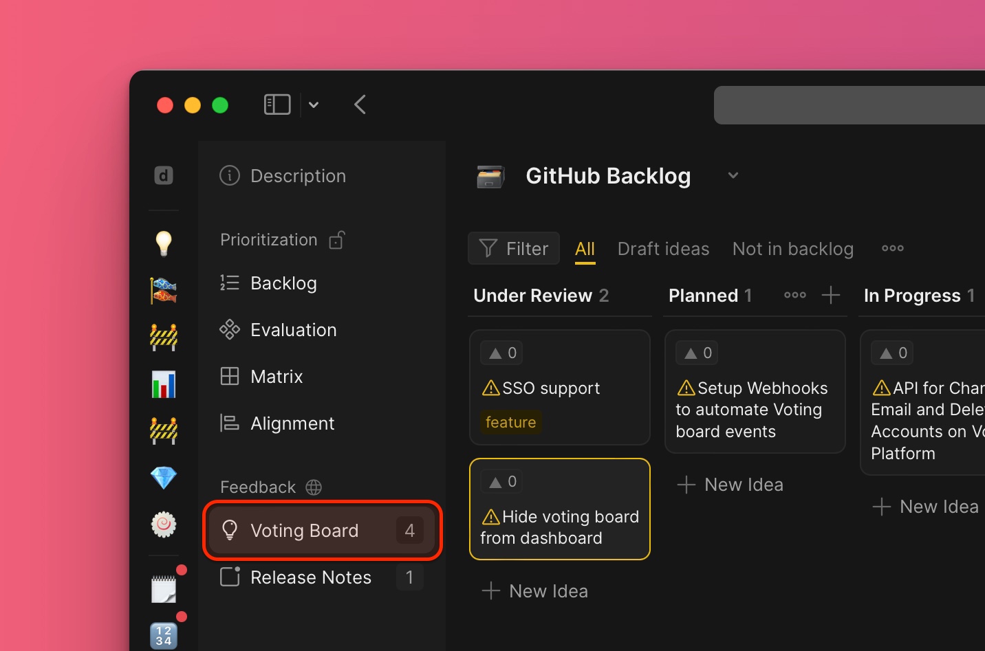 Voting Board mit Ideen, zeigt Warnsymbol für Ideen, die nicht mit dem internen Backlog verknüpft sind