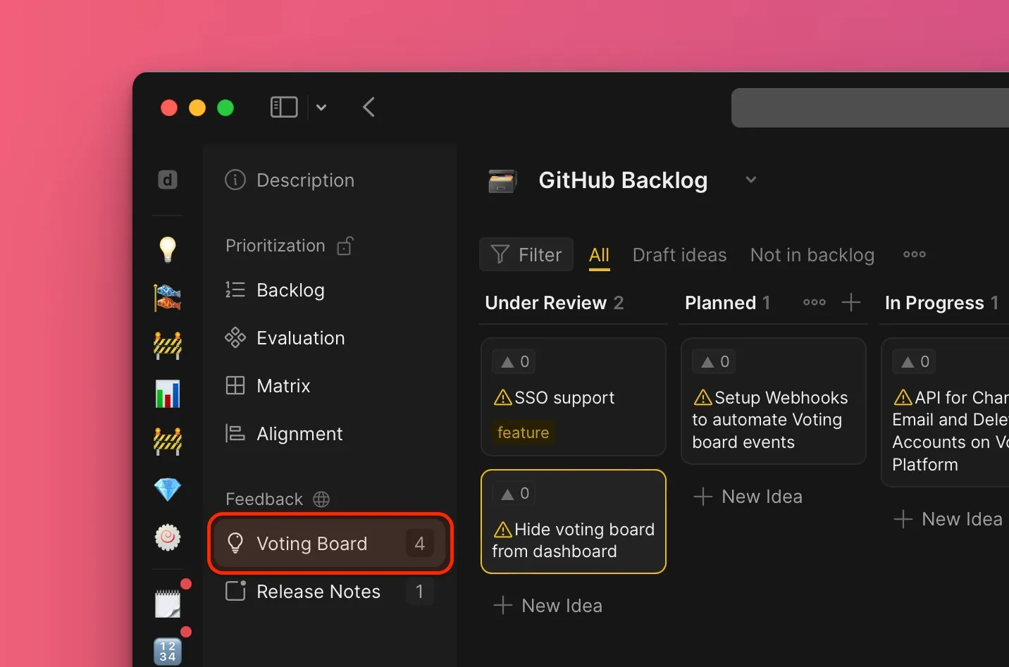 アイデアが表示された投票ボード、内部バックログにリンクされていないアイデアには警告アイコンが表示