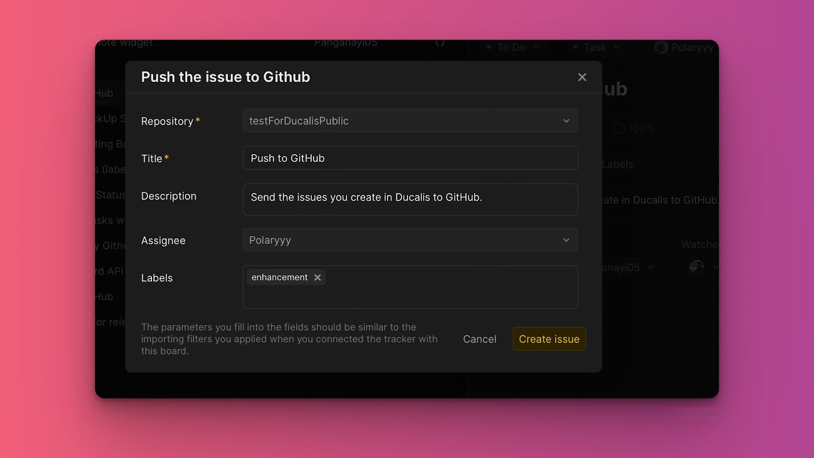 Vorgangserstellungsformular mit Repository-, Titel-, Beschreibungs-, Zugewiesenen- und Labels-Feldern