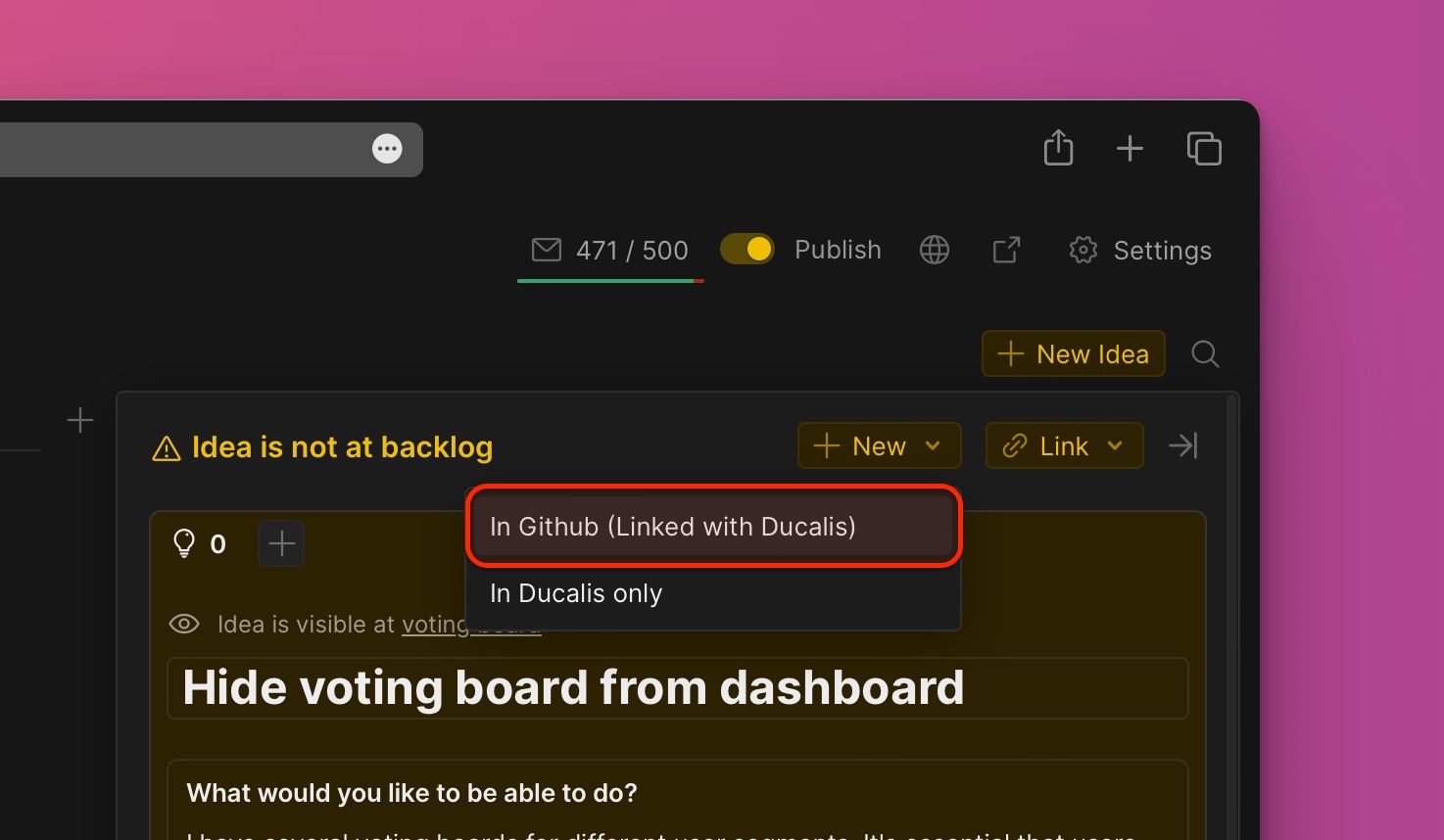 Dropdown-Menü zeigt In GitHub (mit Produkt verknüpfen)-Option