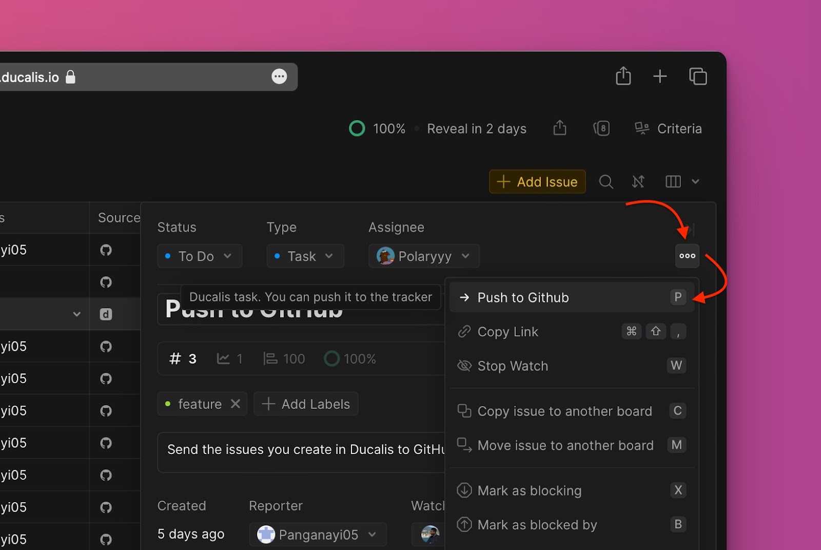 Push to GitHub-Option im Dropdown-Menü