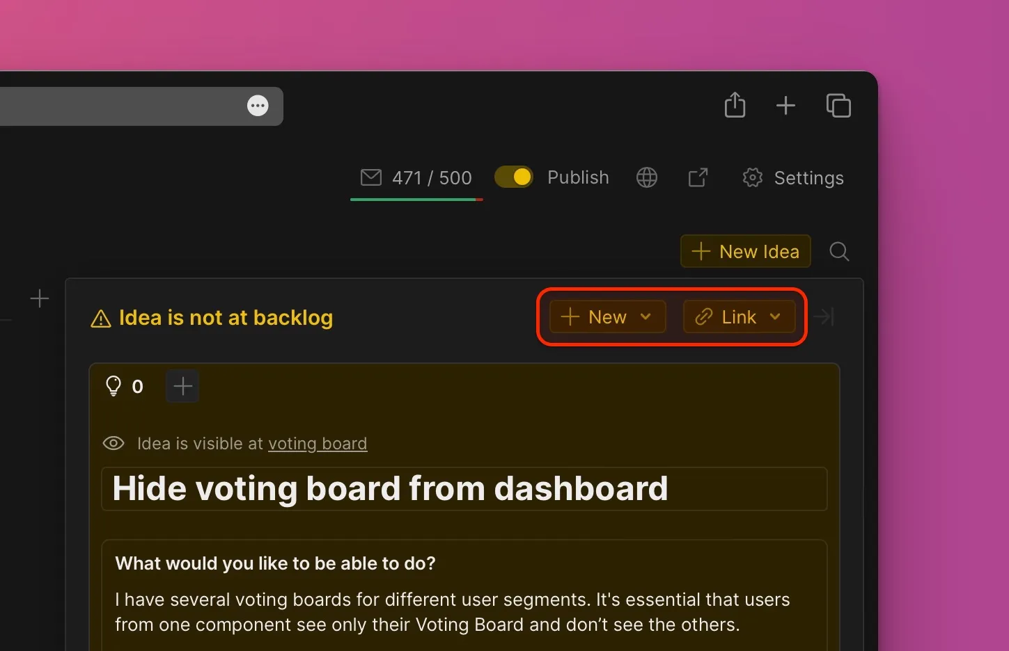 新しい課題として追加するか既存の課題にリンクするアイデアカードのオプション