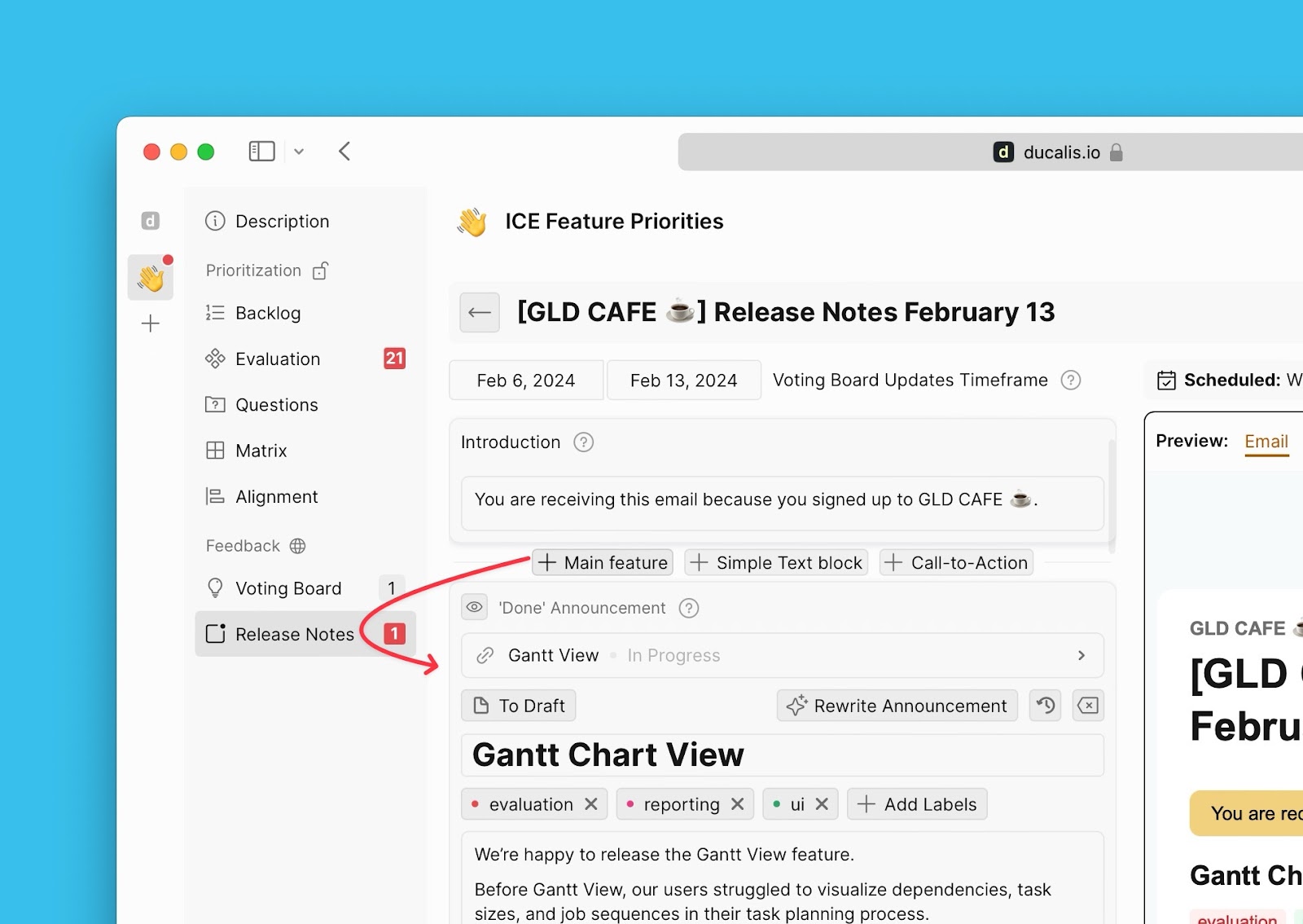 Announcements in Release Note email