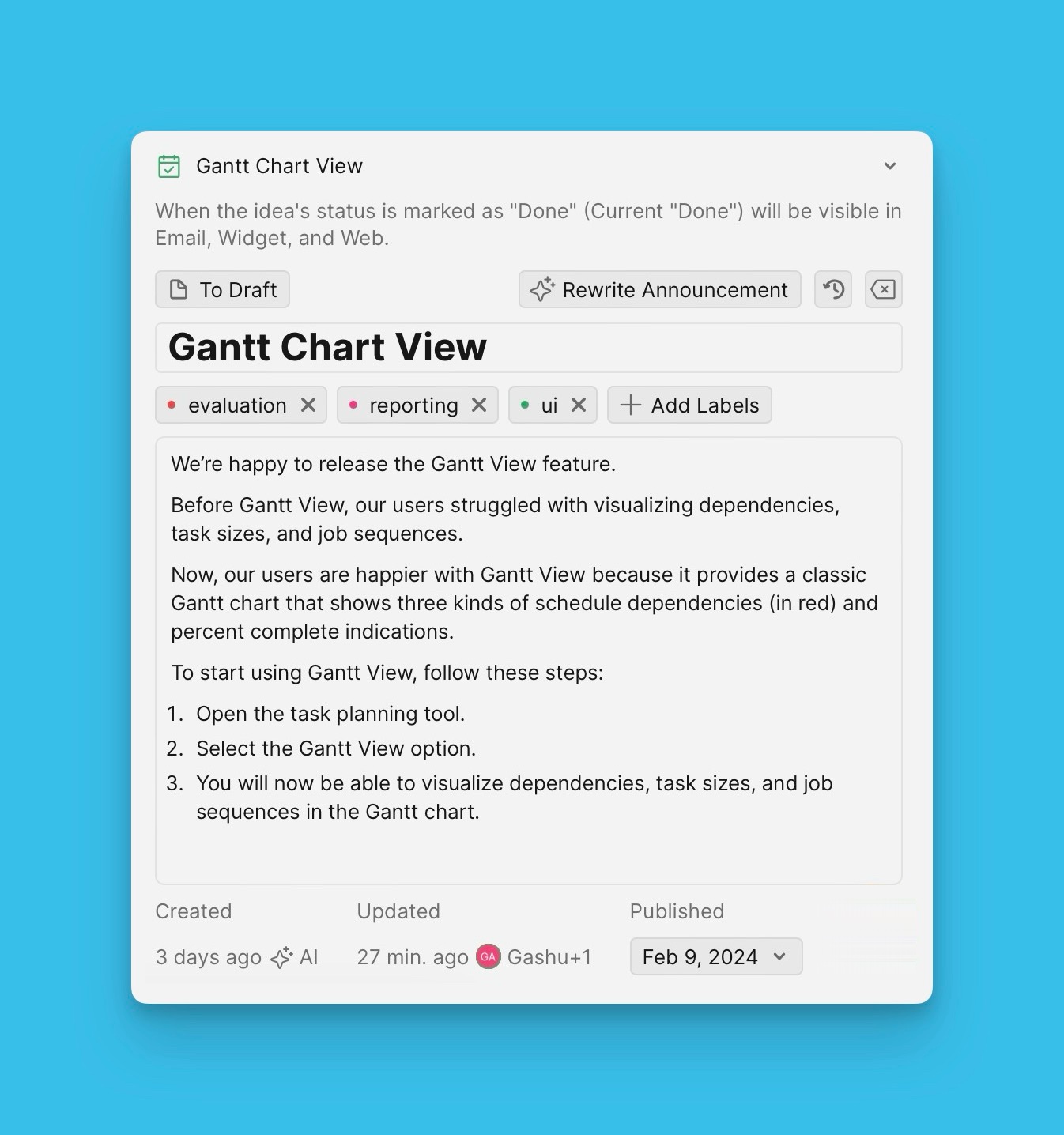Announcement in Release Note email