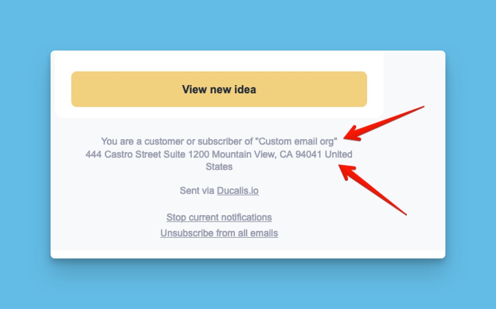 Example email footer with custom domain information