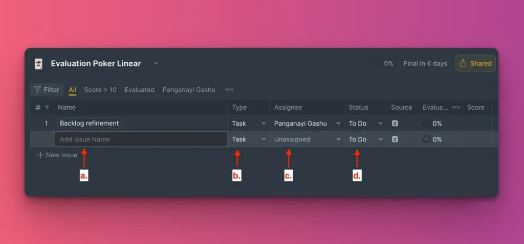 テーブルの列に課題の詳細を入力