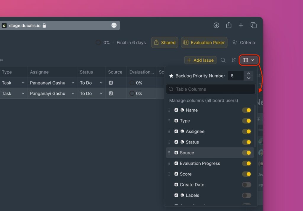 Tabelleneinstellungs-Symbol