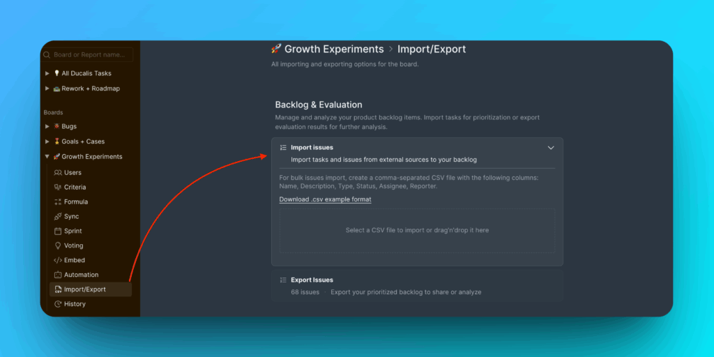 Position der Import/Export-Einstellungen