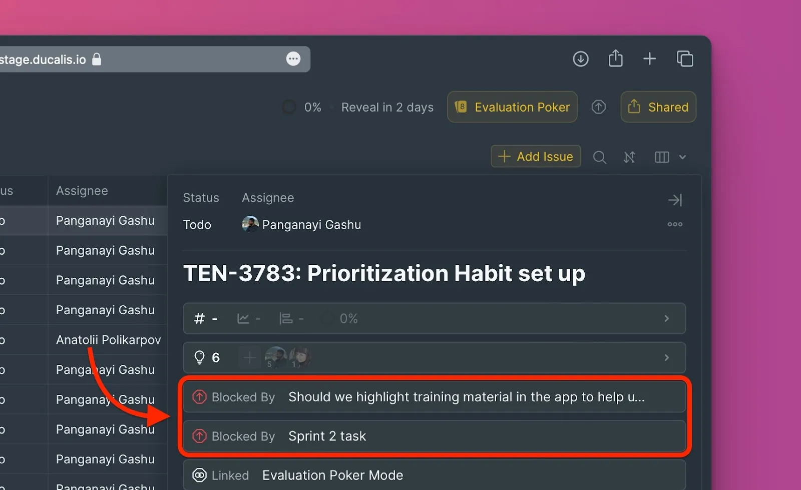 課題カードに表示されるブロックしている課題