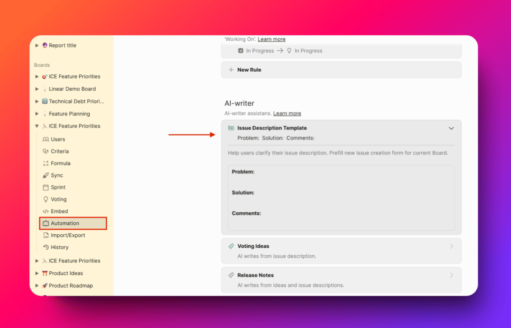 Vorlagenzugriff über Automationseinstellungen