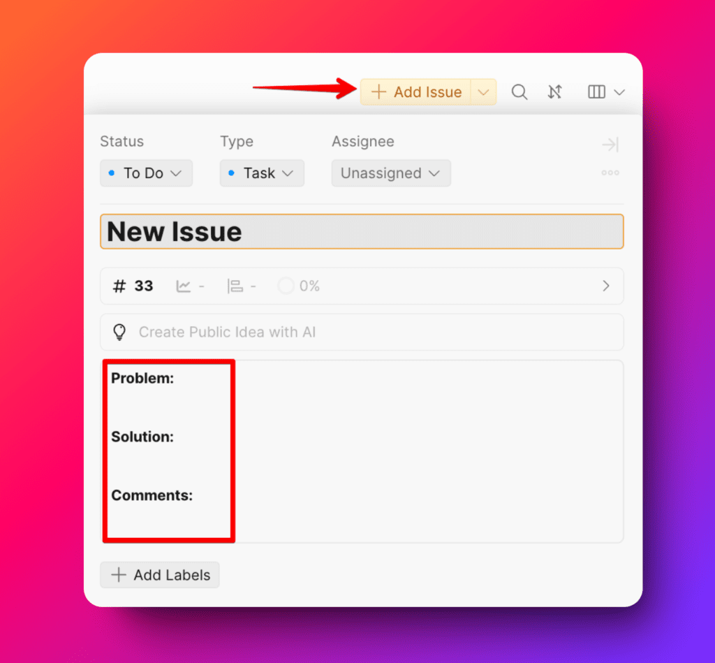 Vorgang hinzufügen-Button mit Vorlagenfeldern