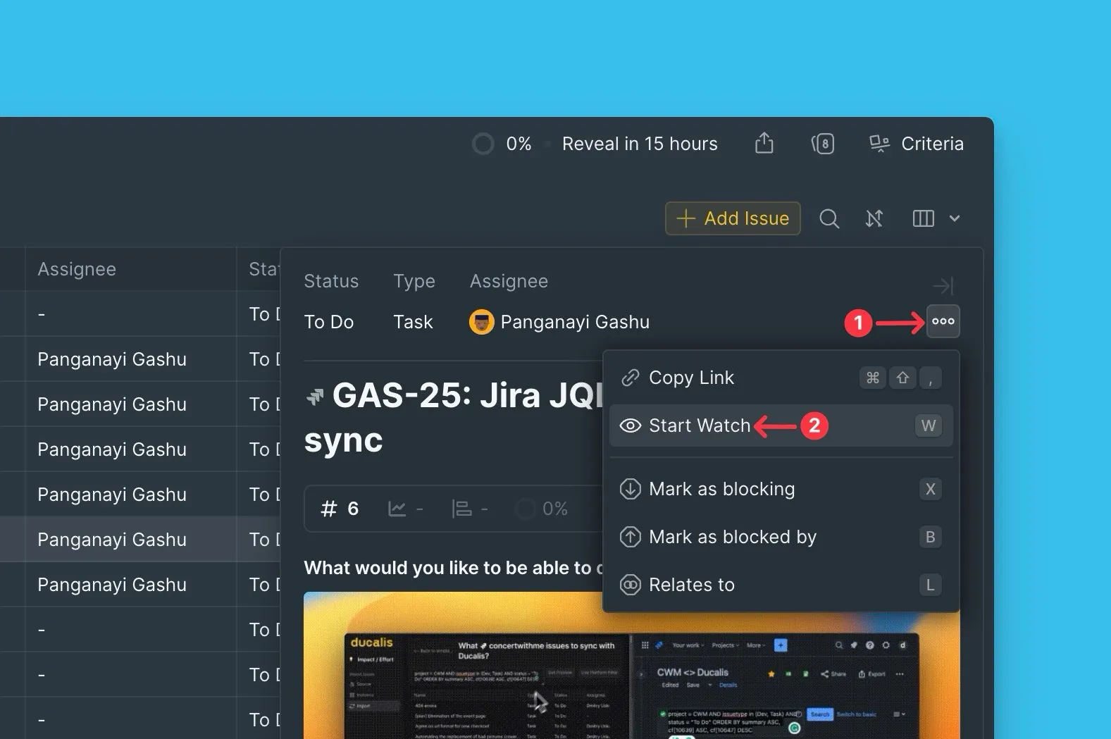 課題カードメニューからウォッチを開始