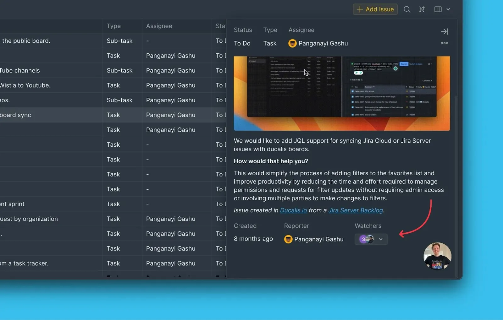 課題カード上のウォッチャーセクションの位置