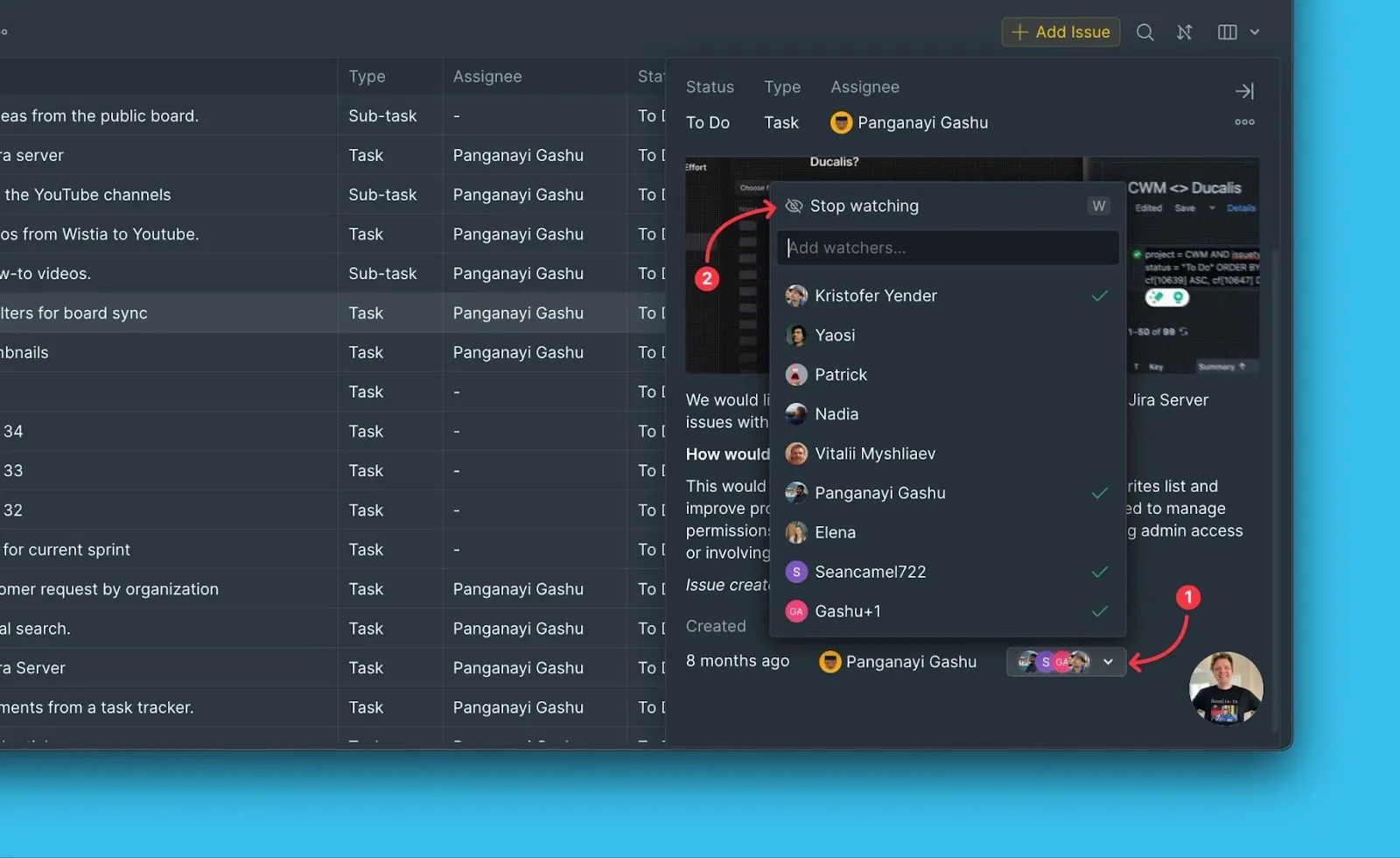 ウォッチャーセクションからウォッチを停止