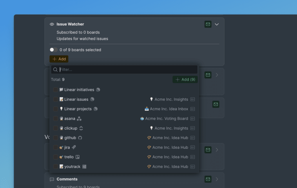 Boards für Beobachter-Benachrichtigungen auswählen