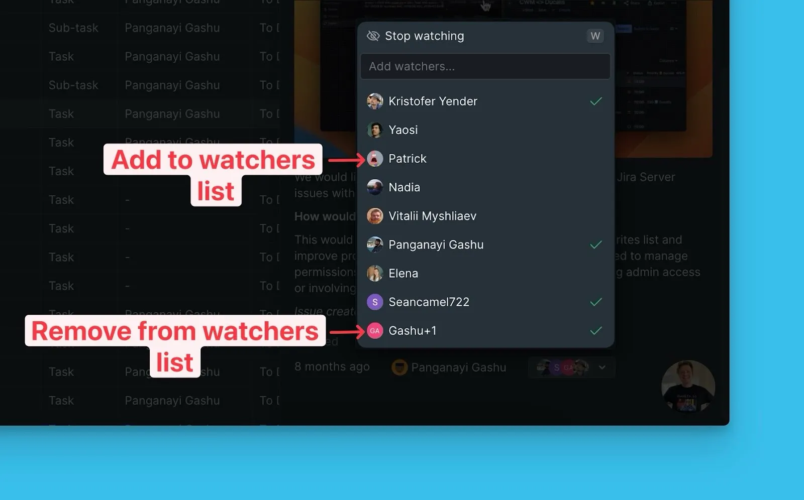 ユーザーリストからウォッチャーを追加または削除