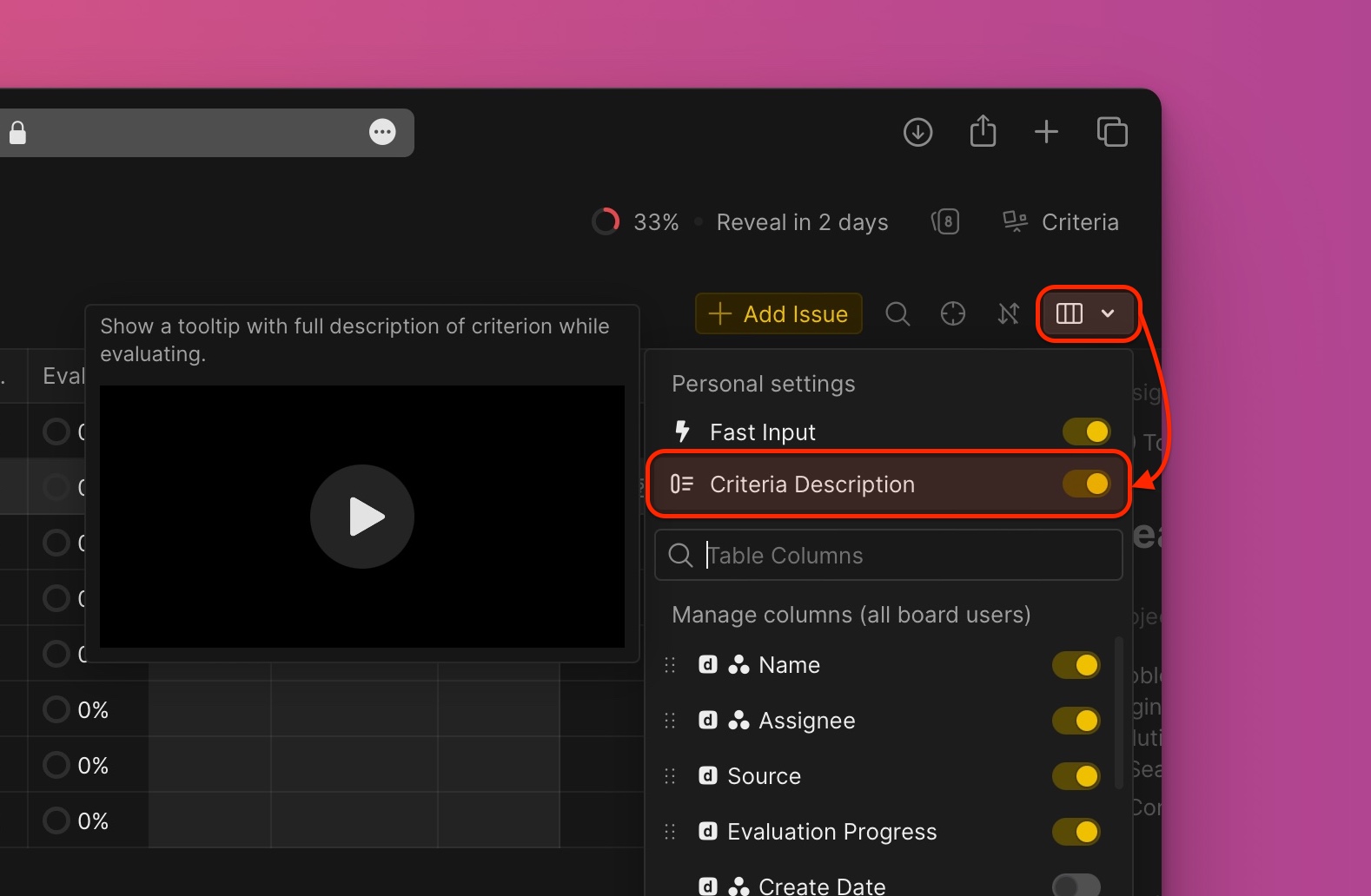 Schalter für Kriterienbeschreibung