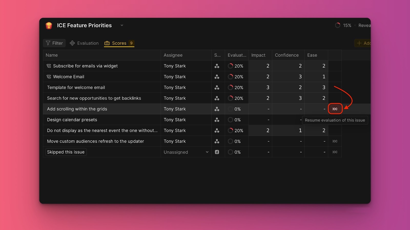 Schaltfläche Bewertung fortsetzen im Tab Scores