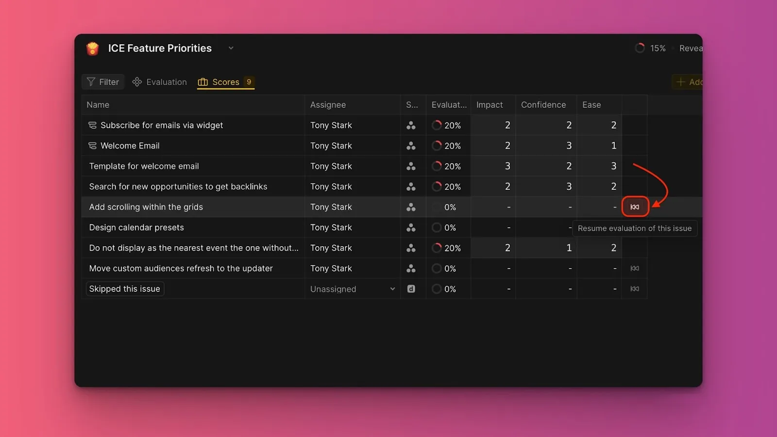 スコアタブの評価再開ボタン