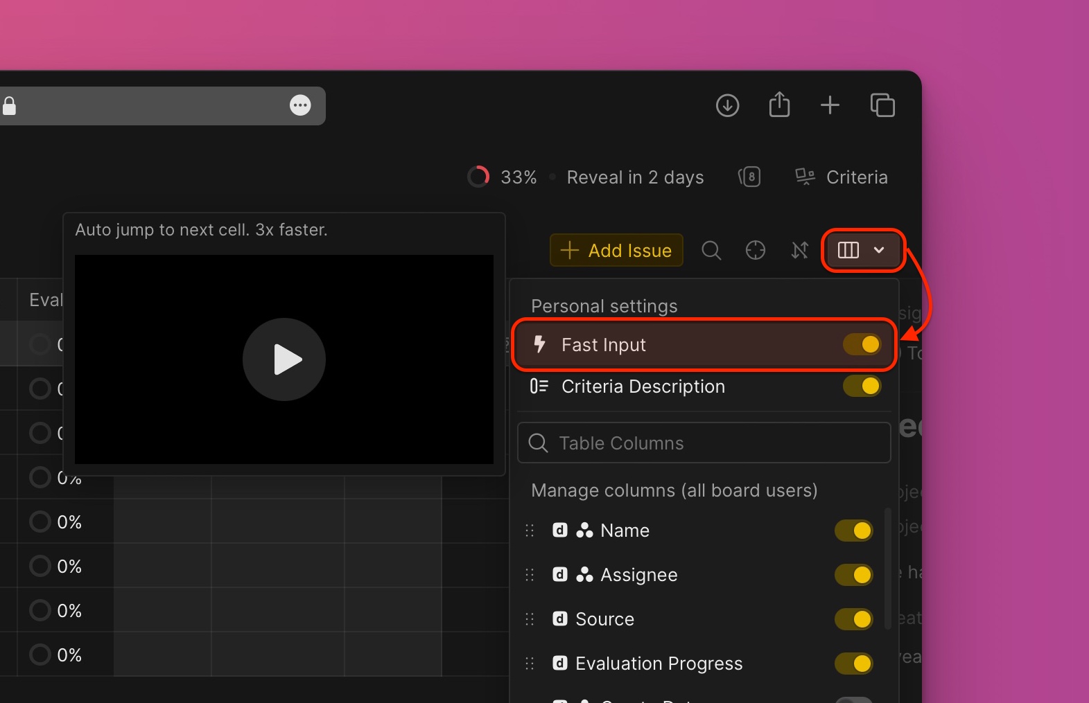 Position des Schnelleingabe-Schalters