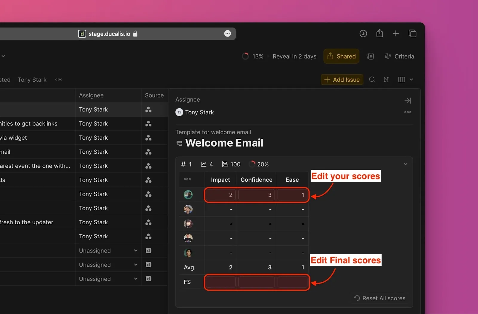 課題カードでのスコア編集