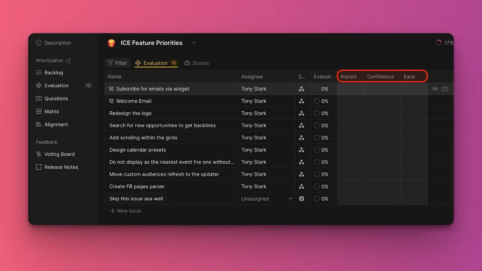 基準列を表示する評価テーブル