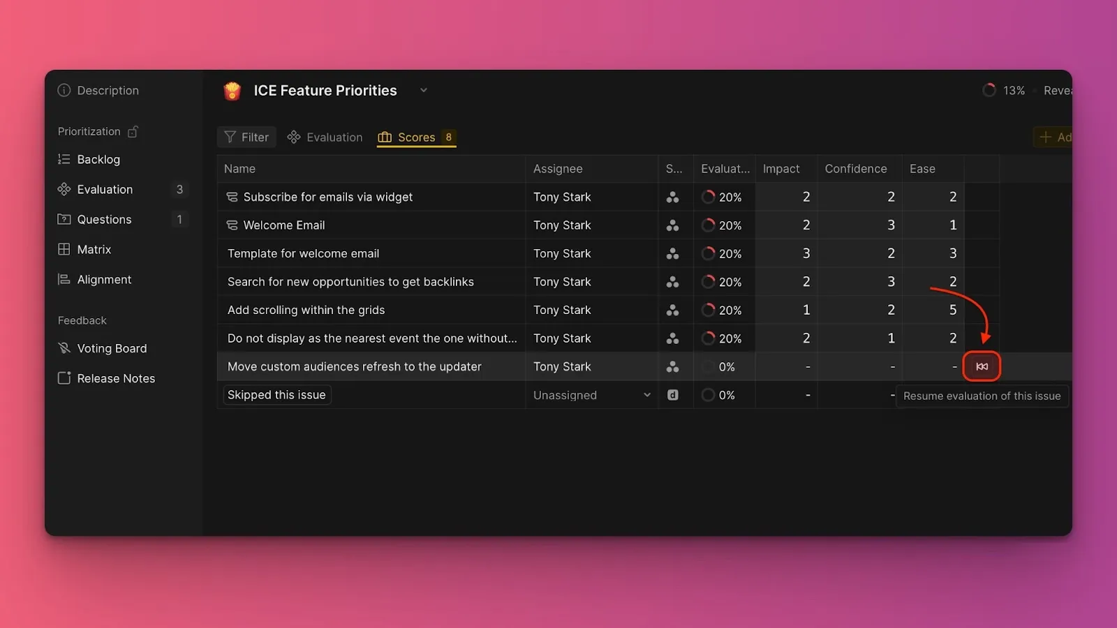 スキップした課題の再開ボタン