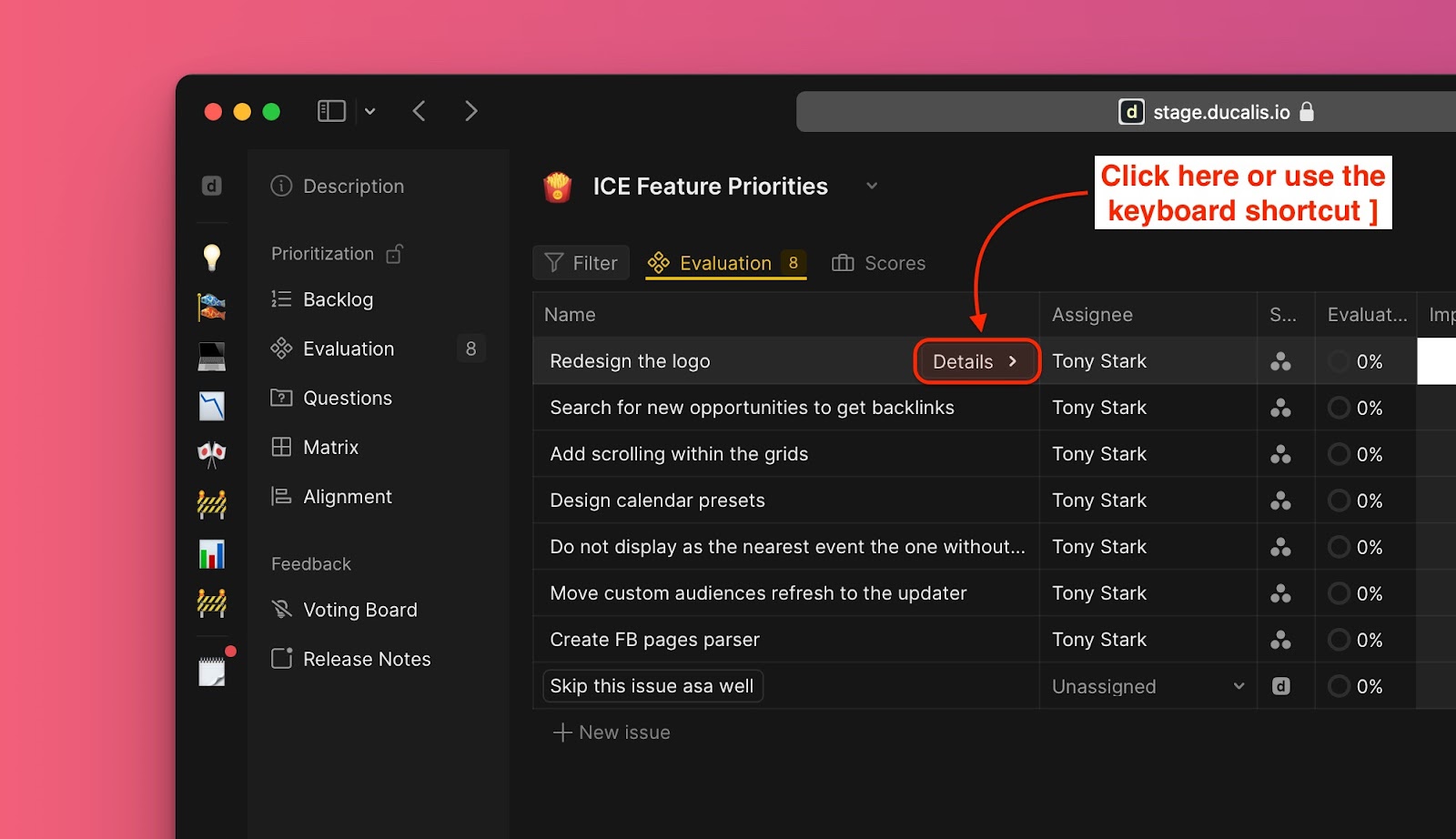 Ansicht der Vorgangskarte mit Details