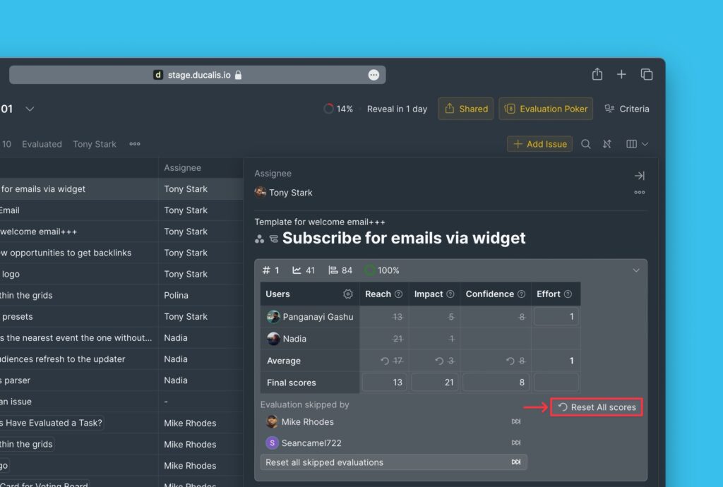 Schaltfläche Bewertungen zurücksetzen