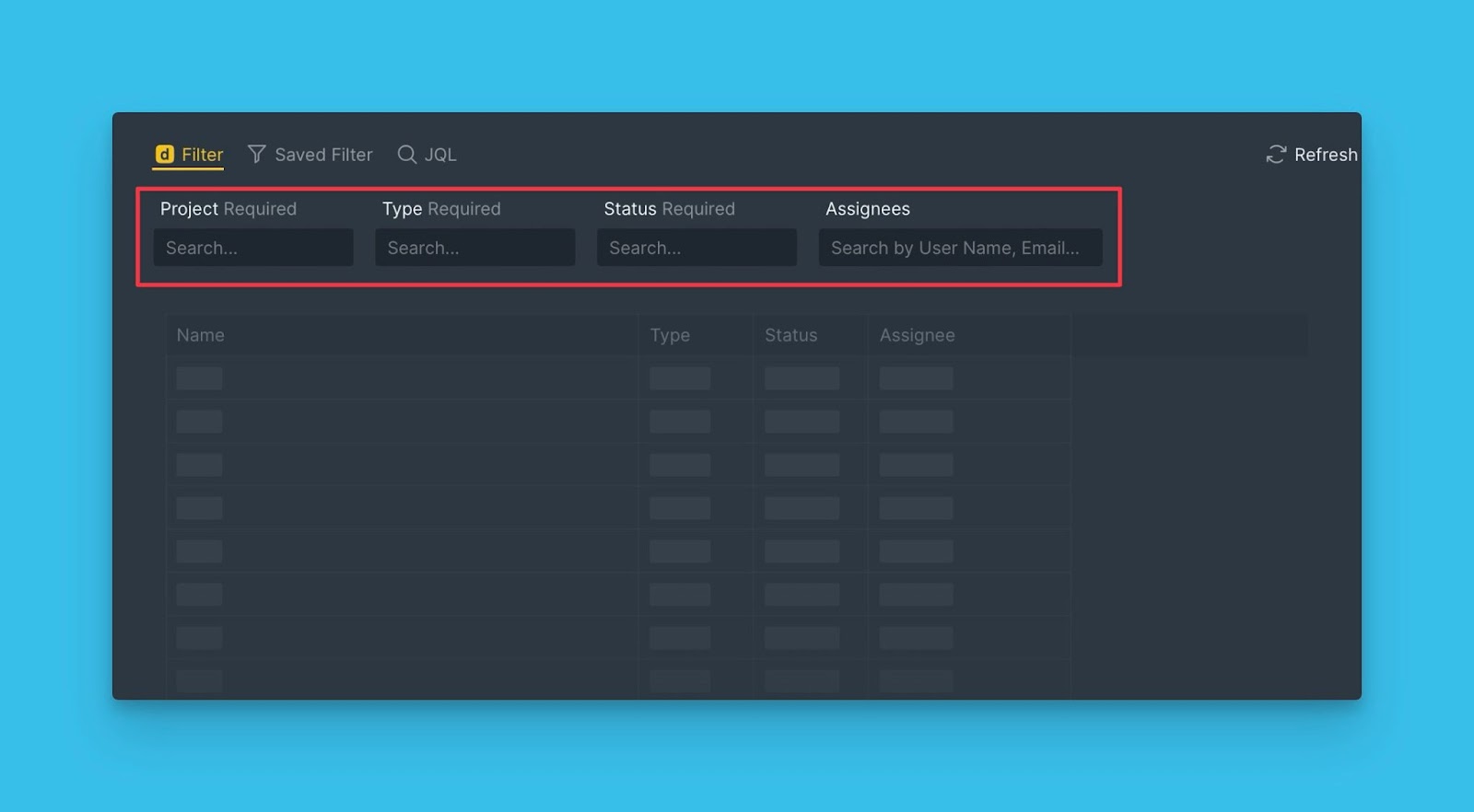 Benutzeroberfläche zur Auswahl von Filterparametern