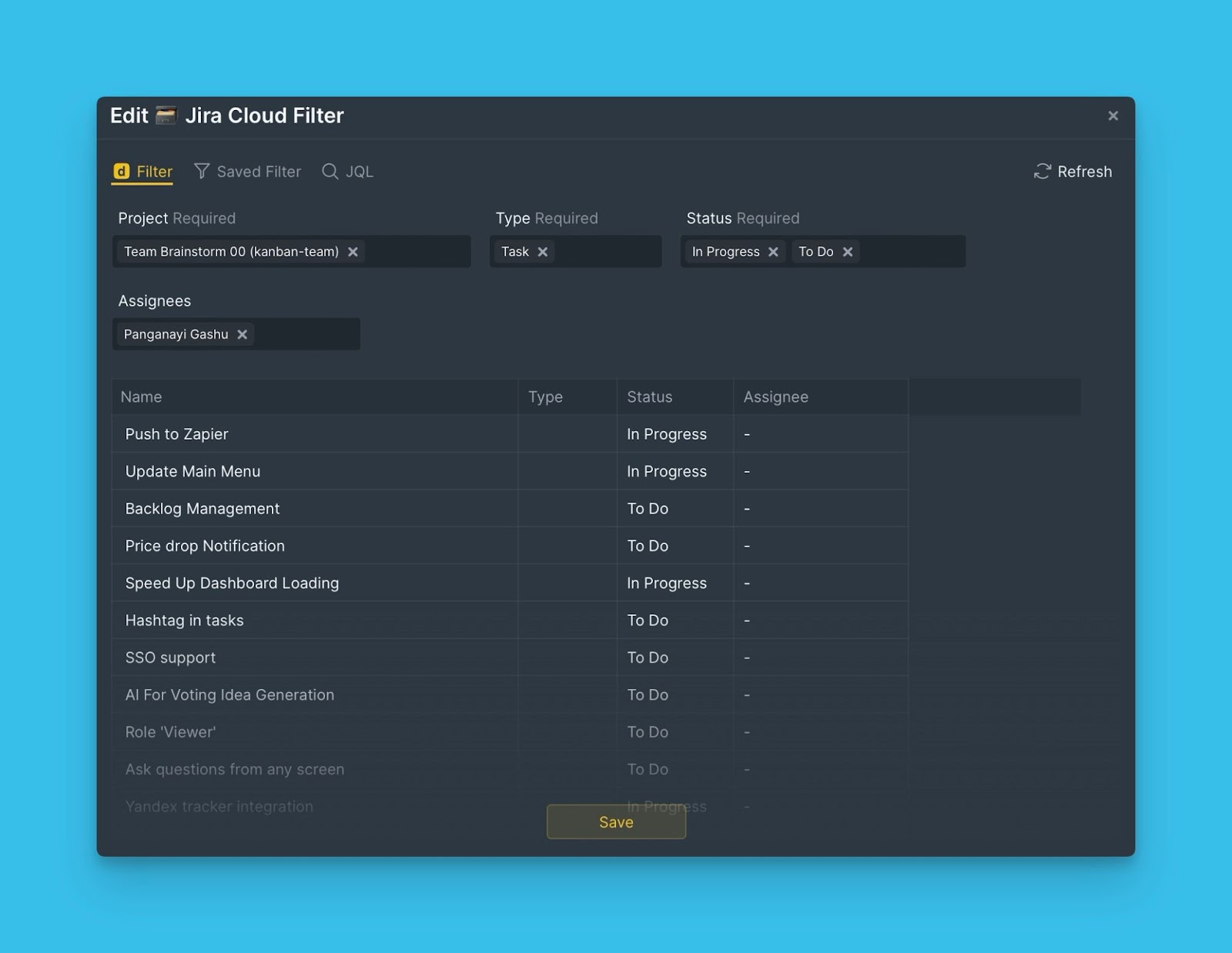 Schaltfläche Speichern für Filteränderungen