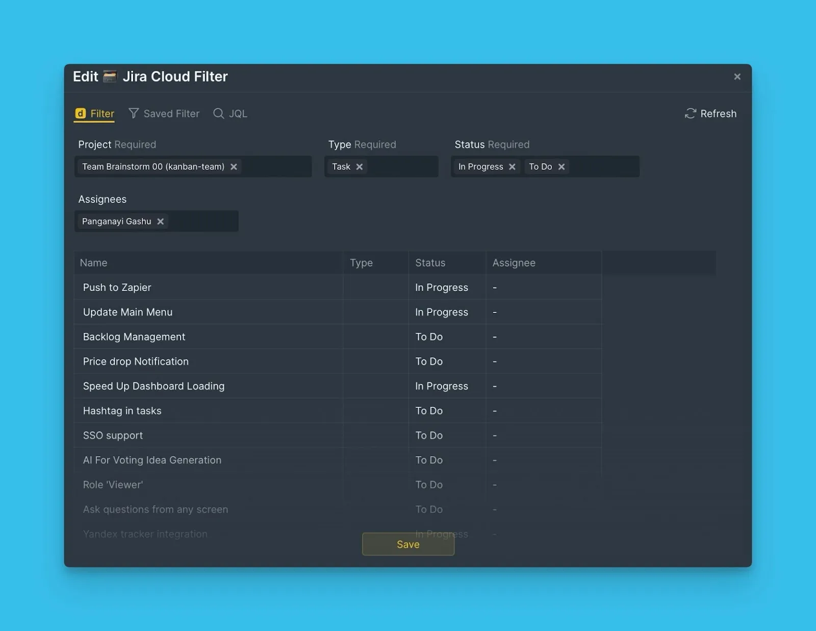 フィルタ変更の保存ボタン