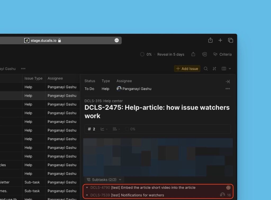 Karte des übergeordneten Vorgangs mit allen Sub-Tasks und Werten