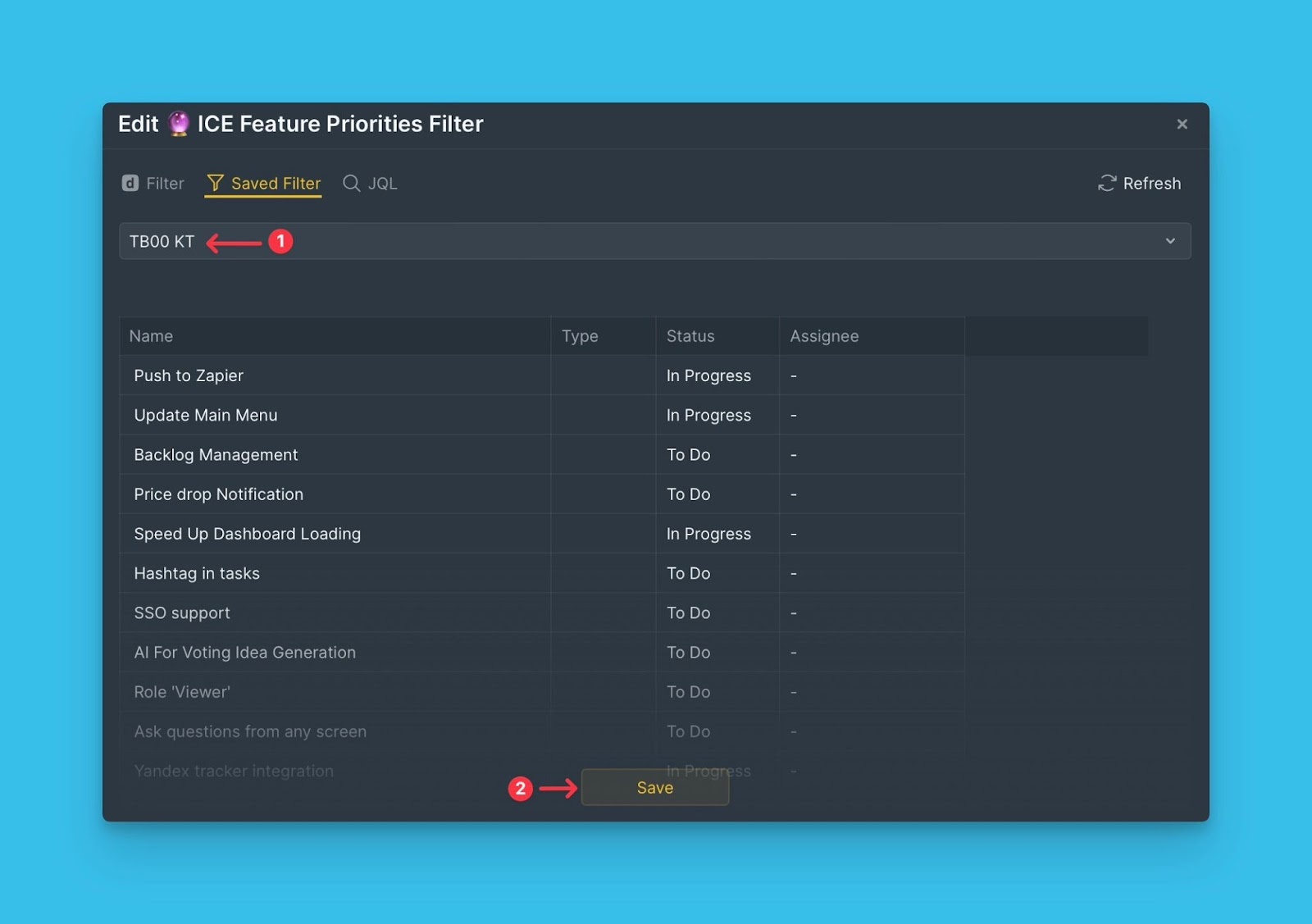 Jira-Filter-Editor mit Schaltfläche Speichern