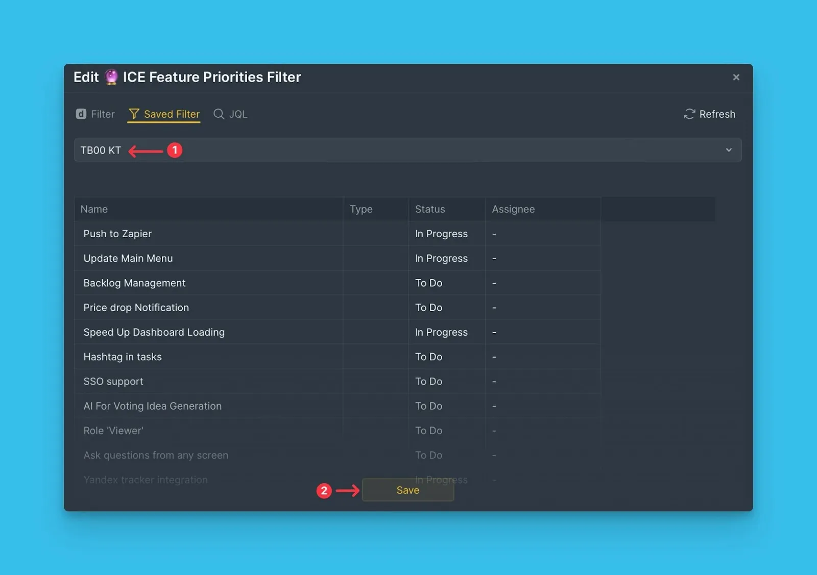 保存ボタン付きの Jira フィルタエディタ