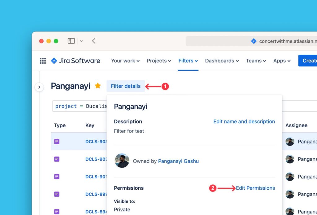 Option Berechtigungen bearbeiten in den Jira-Filterdetails