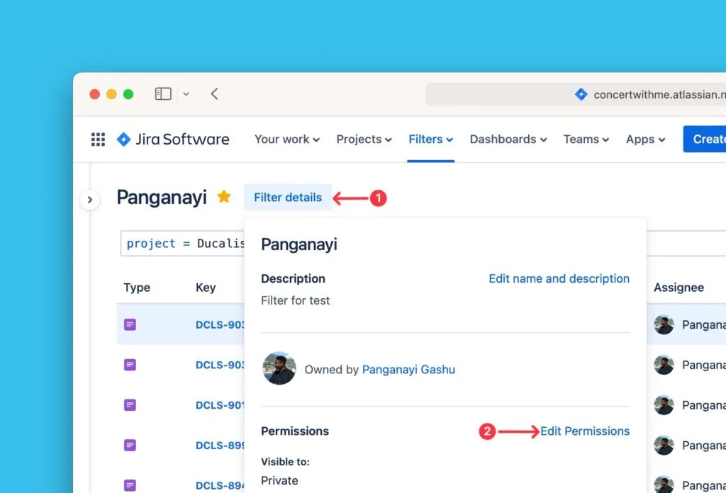 Jira フィルタ詳細の権限編集オプション