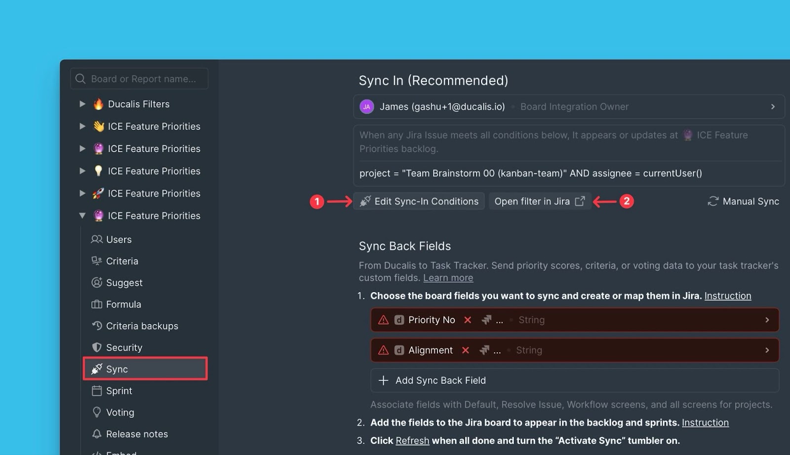 Sync-In-Bedingungen bearbeiten mit Link zum Öffnen des Filters in Jira