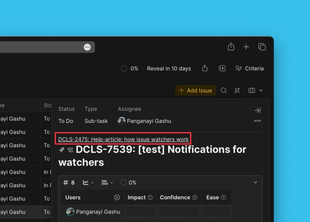 Sub-Task-Karte mit Link zum übergeordneten Vorgang