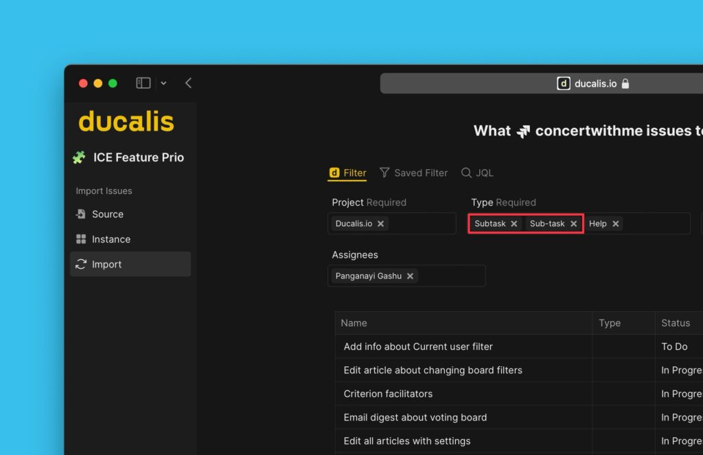 Auswahl des Sub-Task-Filters