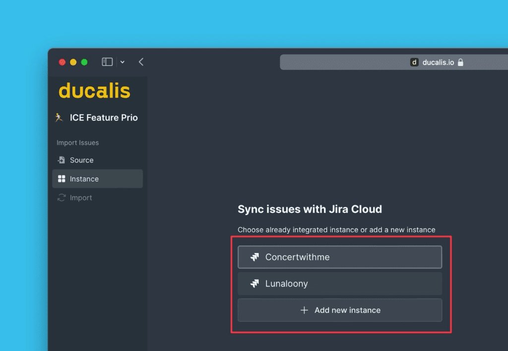 Jira Cloud-Instanzauswahl
