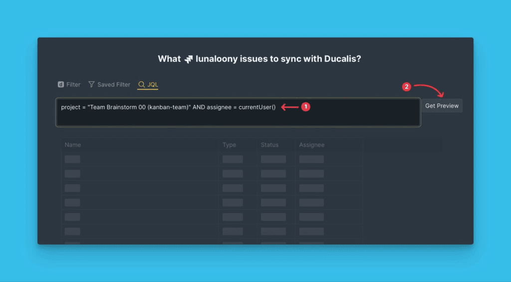 JQL-Abfrage-Eingabe mit Schaltfläche Vorschau abrufen