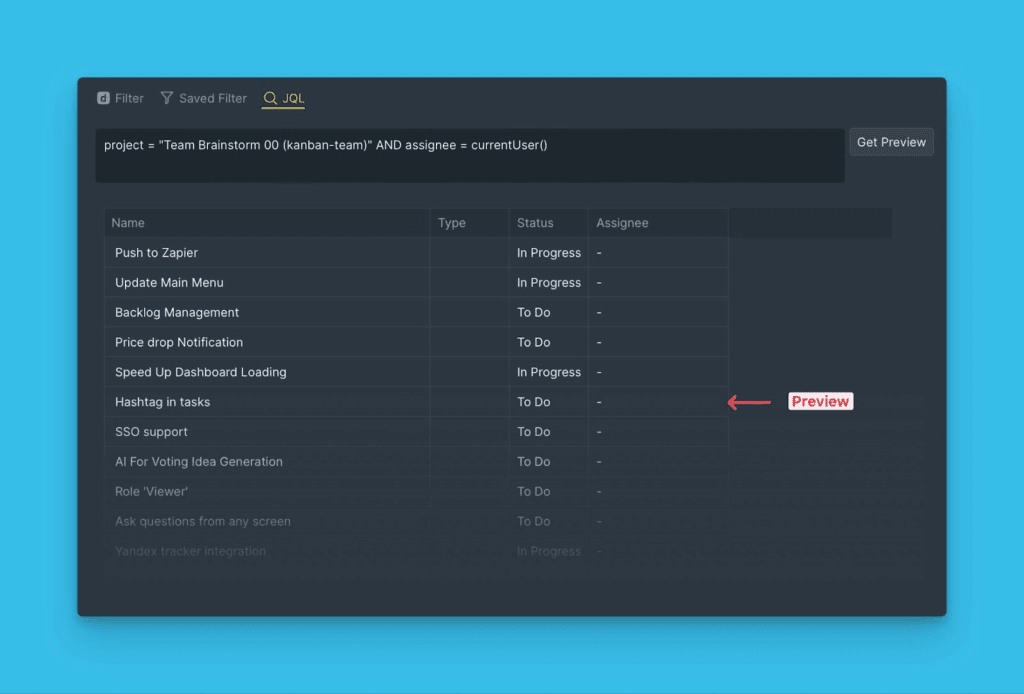 Vorschau von Vorgängen, die dem JQL-Filter entsprechen
