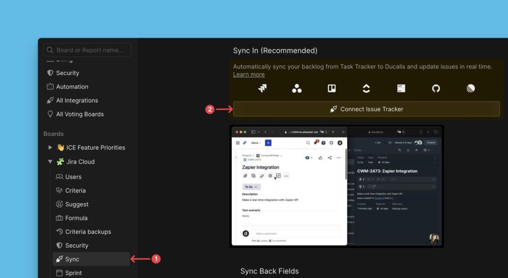 Connect Issue Tracker-Schaltfläche