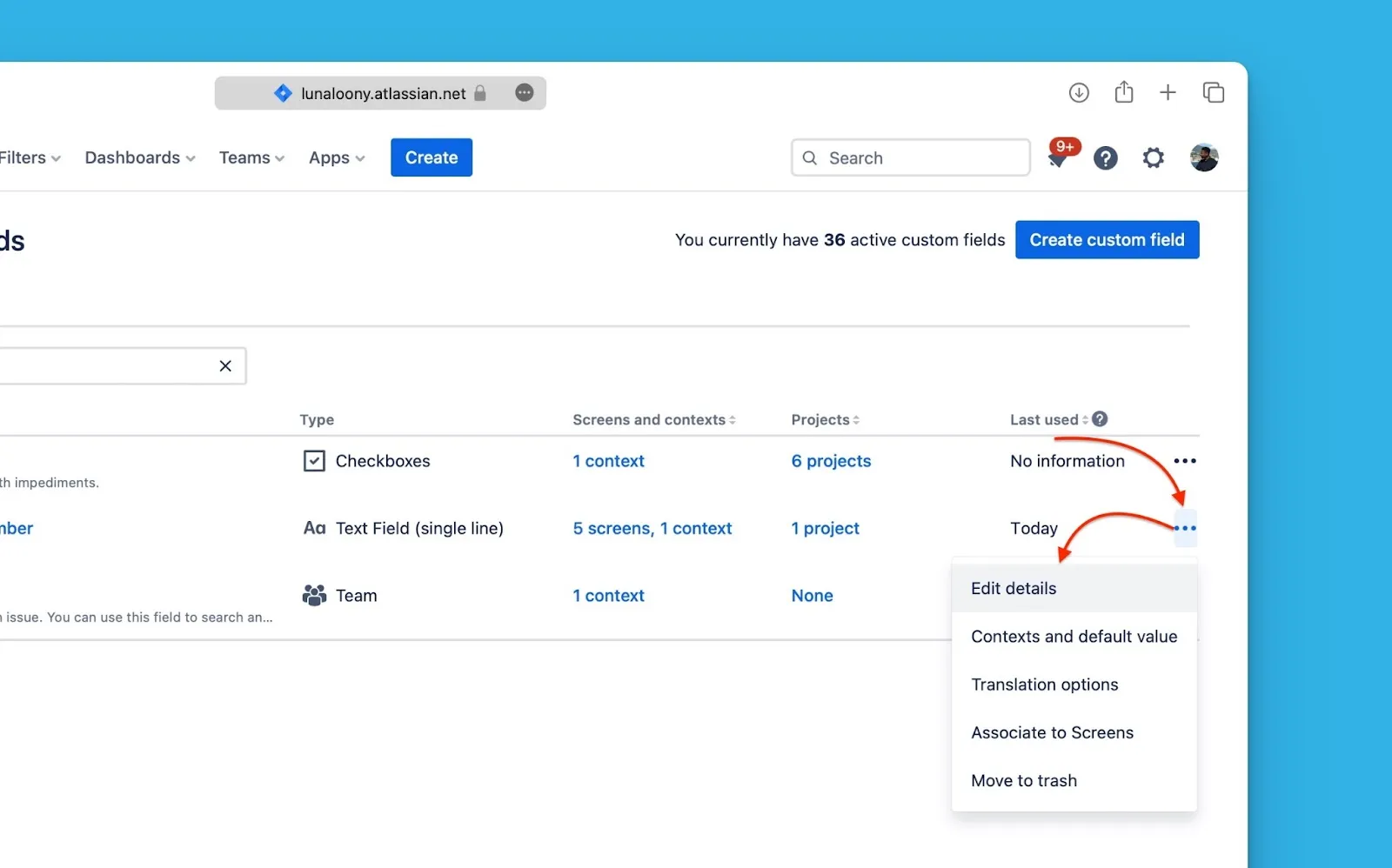 フィールドメニューの詳細を編集オプション