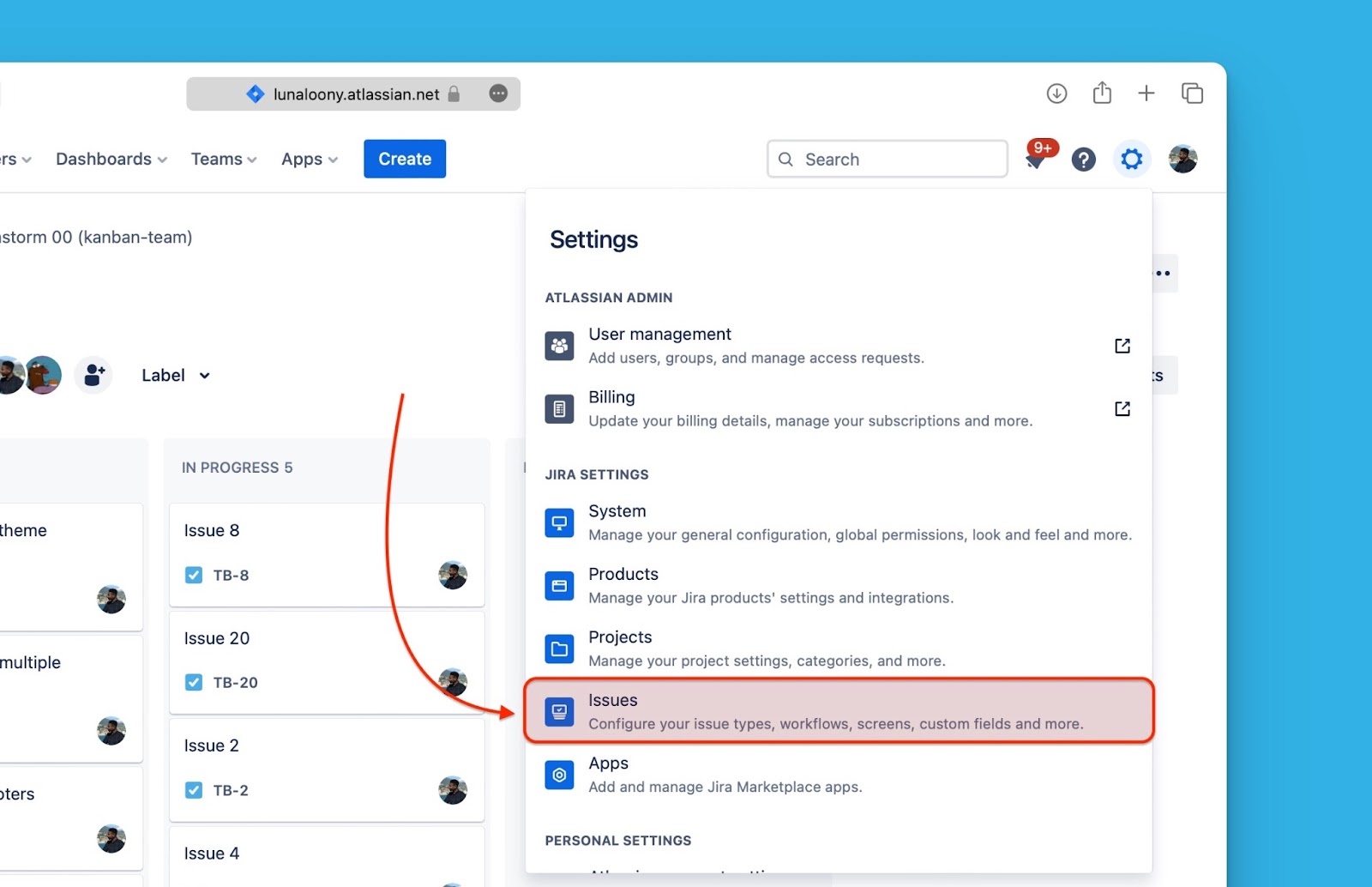 Issues-Option im Einstellungen-Dropdown