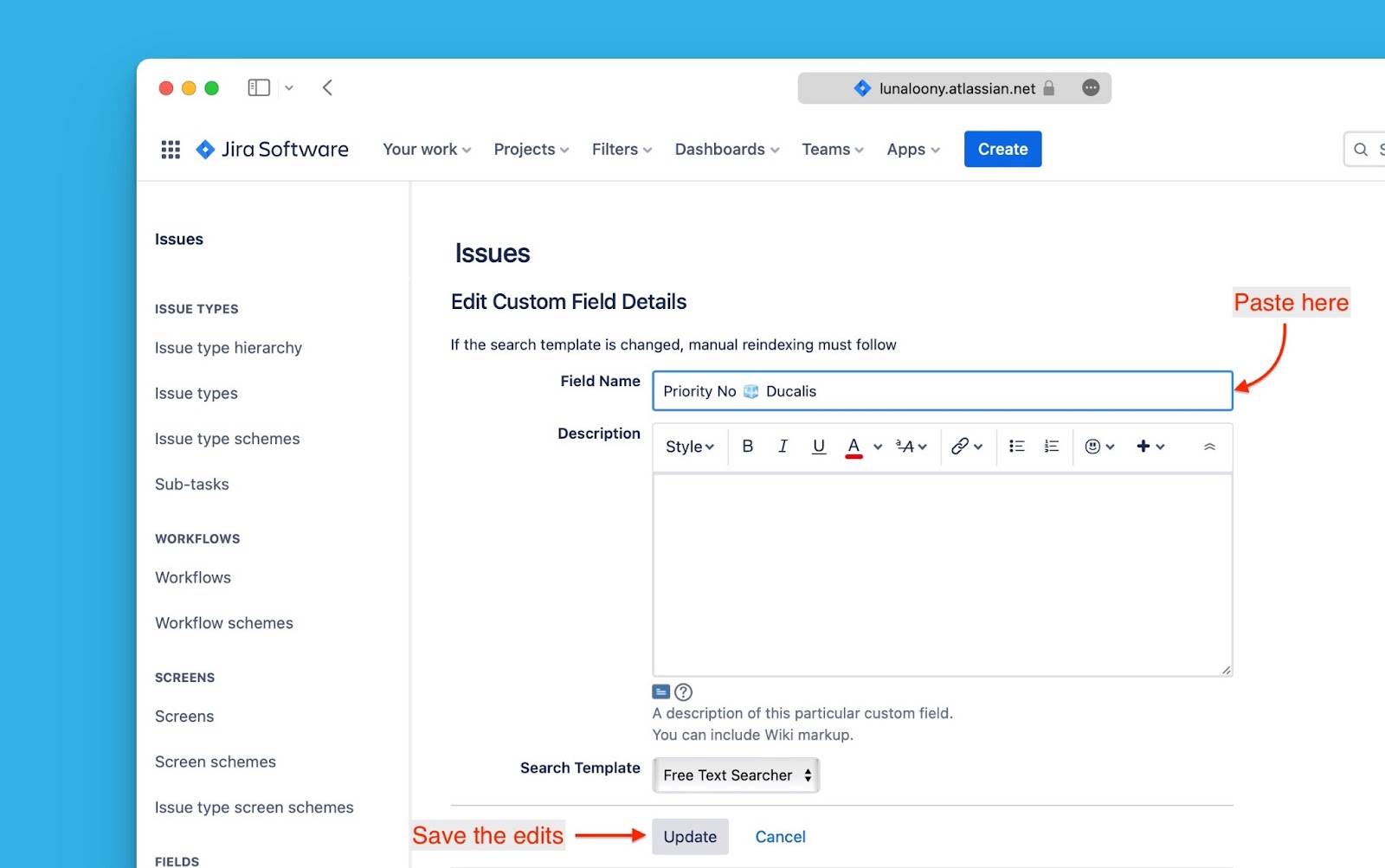 Felddetails bearbeiten-Dialog mit hervorgehobenem Name-Feld