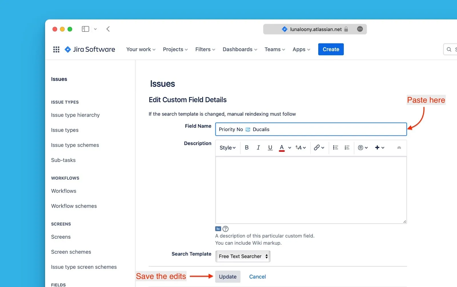 名前フィールドがハイライトされたフィールド詳細の編集ダイアログ