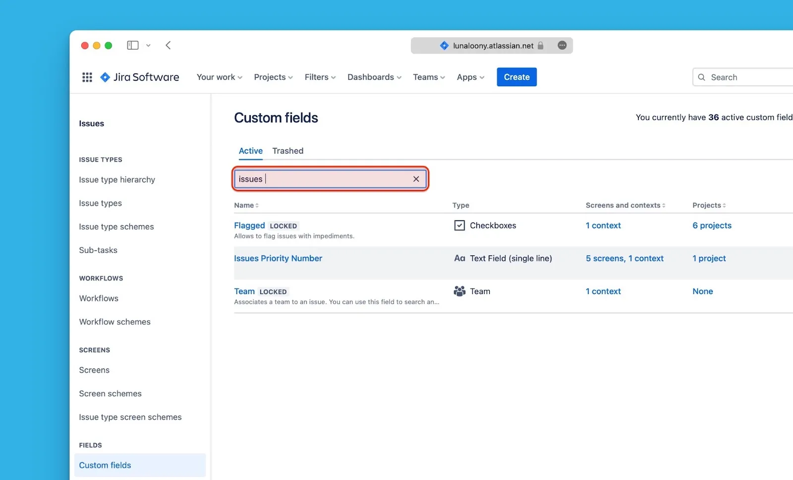 利用可能なフィールドを表示するカスタムフィールドリスト